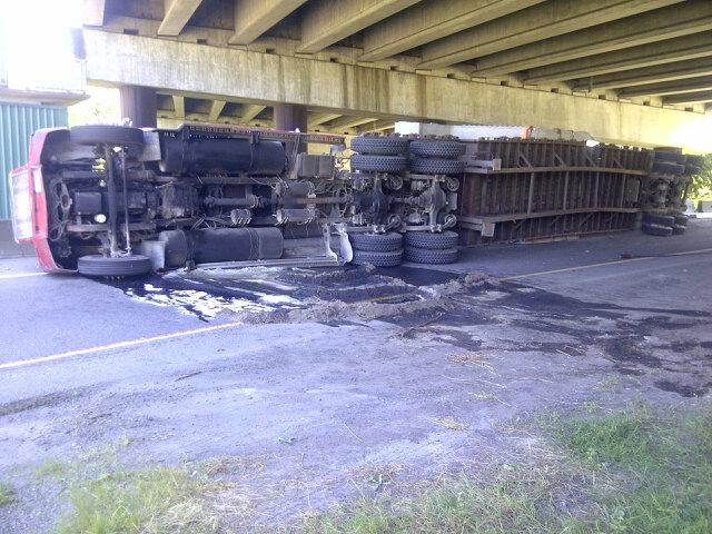 The exit to New Westminster from Richmond on Hwy 91 to Hwy 91A is closed for a rolled semi-truck. 