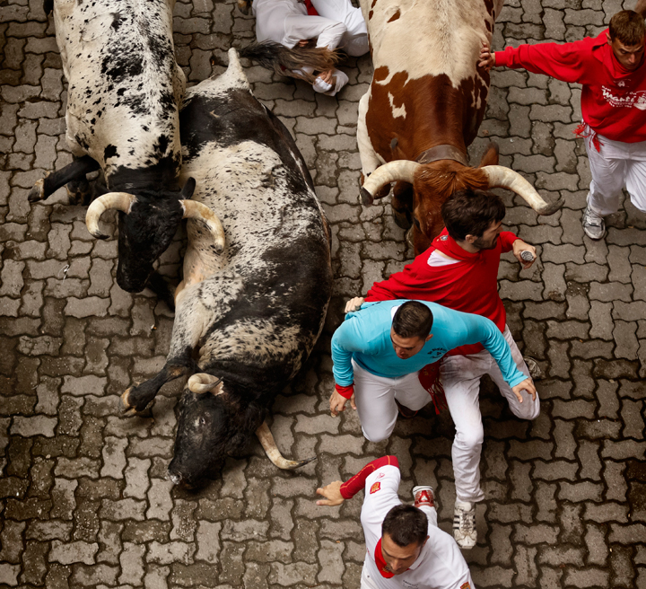 Revelers run while fighting bulls fall during the running of the bulls of the San Fermin festival, in Pamplona, Spain, Monday, July 7, 2014.