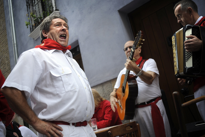A band performs a jota (traditional song from the province of Navarre) during the San Fermin Festival, on July 7, 2014, in Pamplona, northern Spain.