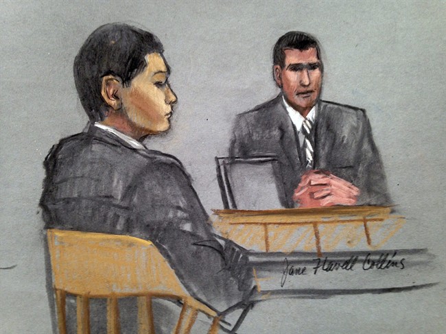 In this courtroom sketch, defendant Azamat Tazhayakov, left, a college friend of Boston Marathon bombing suspect Dzhokhar Tsarnaev, is depicted listening to testimony by FBI Special Agent Phil Christiana, right, during the first day of his federal obstruction of justice trial Monday, July 7, 2014 in Boston.