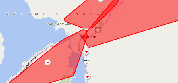 A map provided by BC Hydro shows the areas of Sicamous without power Wednesday evening.