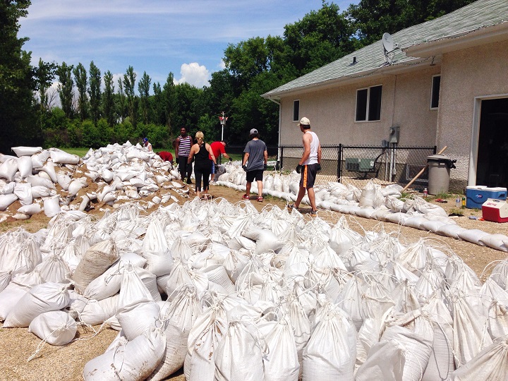 Sandbags at a home in the RM of Cartier, Manitoba during flooding on the Assiniboine River on July 5, 2014.
