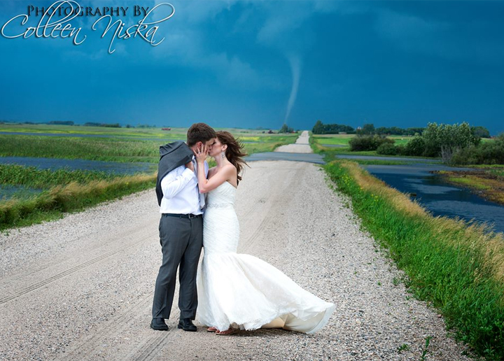 Environment Canada expresses concern over photographer shooting a couple's wedding photos Saturday with a tornado on the Sask. horizon.