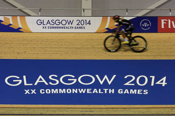Cyclists participate in a training session at the Sir Chris Hoy Velodrome at the Emirates Arena in Glasgow on July 22, 2014, ahead of the start of the 2014 Commonwealth Games. 