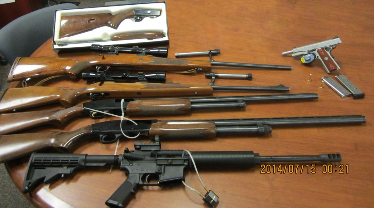 A collection of guns seized at the Coutts border crossing.