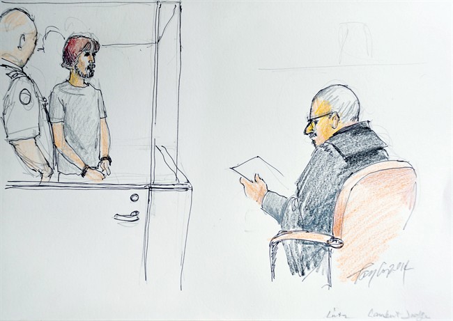 Justin Bourque is shown in a courtroom sketch in Moncton, N.B. on Thrusday July 3, 2014. THE CANADIAN PRESS/Carol Taylor.
