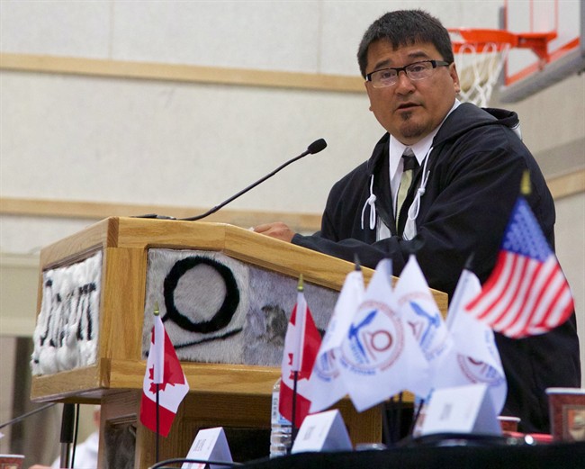 Duane Smith, recently elected to his fourth term as president of the Inuit Circumpolar Council, addresses delegates at the council's meeting in Inuvik, N.W.T., on Monday, July 21, 2014.