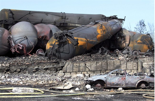 Wrecked oil tankers and debris from a runaway train in Lac-Megantic, Que. are pictured July 8, 2013. 