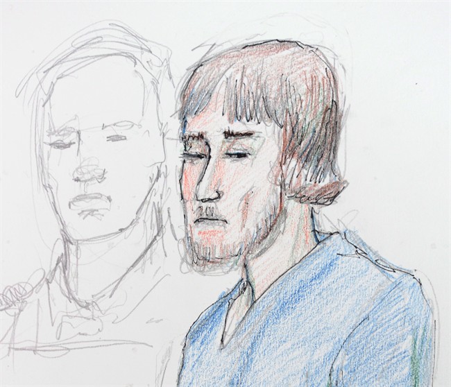 Justin Bourque is shown in this artist's sketch in Moncton on June 6, 2014. THE CANADIAN PRESS/Carol Taylor.