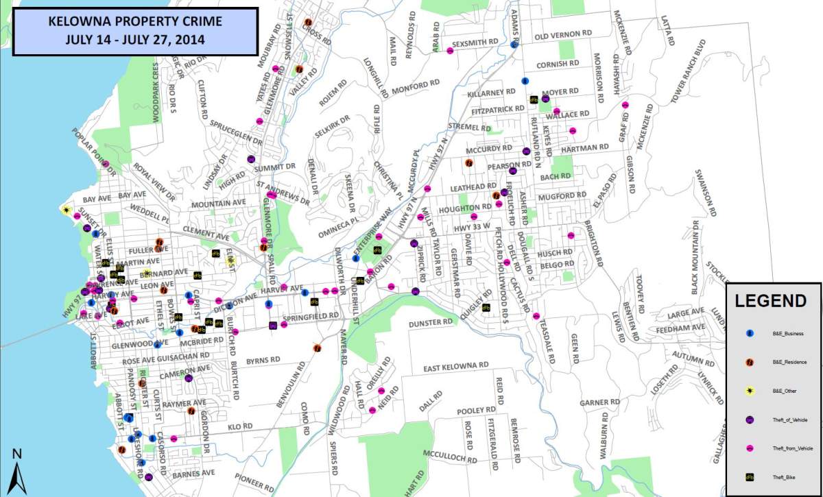 Kelowna RCMP Bi-weekly Crime Map, July 14th - July 27th. 