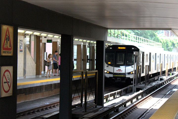 A subway train arrives at Davisville Station, July 2, 2014.