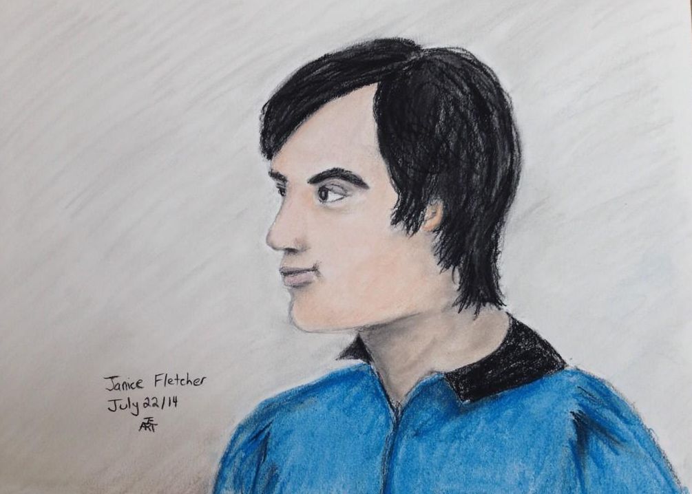 A sketch of Matthew de Grood, appearing in a Calgary court on Tuesday, July 22nd, 2014, by artist Janice Fletcher.