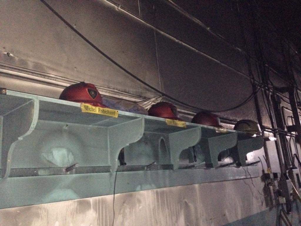 Helmets are melted into the shelves after a fire struck the fire hall in Nackawic.