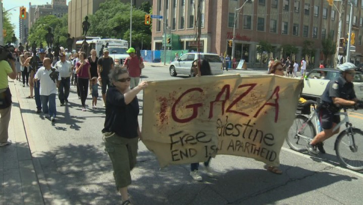 Rally of Palestinian supporters protesting the deaths of children in Gaza. (Global News)