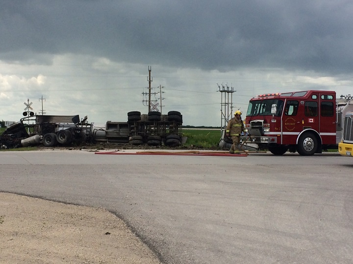 A semi rolled over and caught fire on Hwy 75 in the RM of Richot south of Winnipeg Tuesday, July 8, 2014.