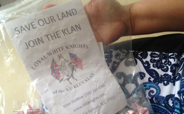 Some residents in South Carolina say they found bags of candy on their street containing a piece of paper asking them to join the Ku Klux Klan.