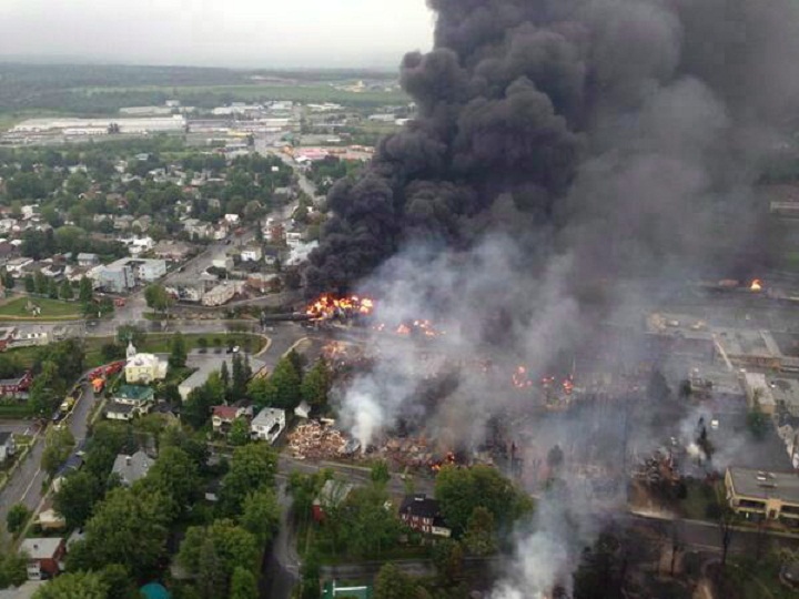 Fire is seen in this Sûreté du Québec photo posted on Twitter following a train derailment the sparked several explosions in Lac Megantic, Que., Saturday, July 6, 2013.
