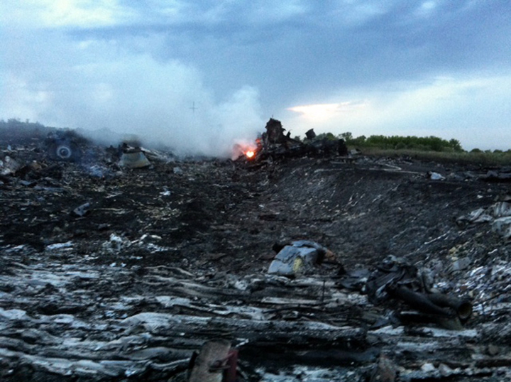 A picture taken on July 17, 2014 shows smoke and wreckage of the Malaysian airliner carrying 295 people from Amsterdam to Kuala Lumpur after it crashed, in rebel-held east Ukraine. Dominique Faget/AFP/Getty Images