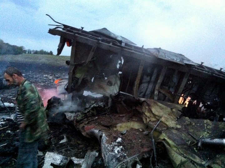 A man stands next to the wreckage of the Malaysian airliner carrying 295 people from Amsterdam to Kuala Lumpur after it crashed, in rebel-held east Ukraine, on July 17, 2014. Dominique Faget/AFP/Getty Images