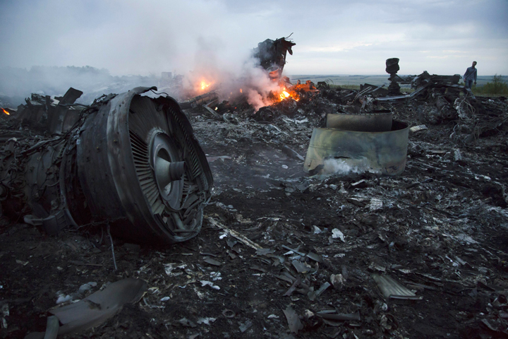 A man walks amongst the debris at the crash site of a passenger plane near the village of Grabovo, Ukraine, Thursday, July 17, 2014. AP Photo/Dmitry Lovetsky.