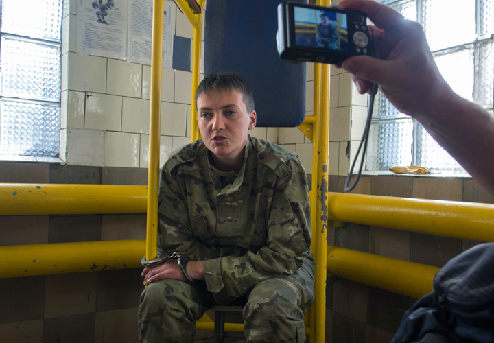 FILE - In this Thursday, June 19, 2014 file photo, Ukrainian army officer Nadezhda Savchenko, 33, speaks to journalists shortly after her capture in Luhansk, Ukraine.