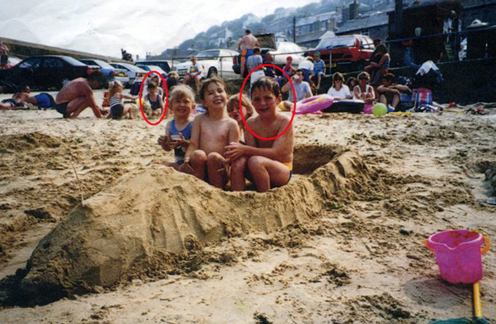 In the image, then six-year-old Nick Wheeler is seen on holiday vacation making a sandcastle with his family while five-year-old Aimee Maiden is seen playing in the background. 