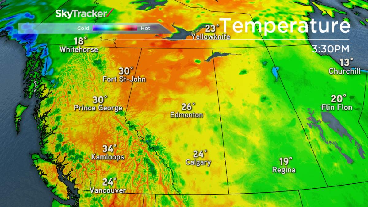 Temperatures were already 30 C or higher in much of the interior by noon on Monday.