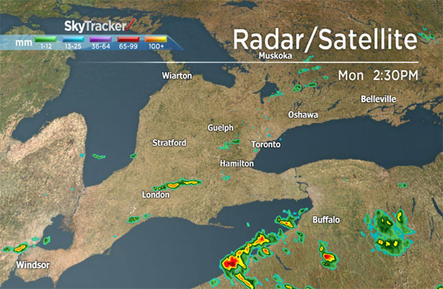 Thunderstorms began to pop up across southwestern Ontario Monday afternoon.
