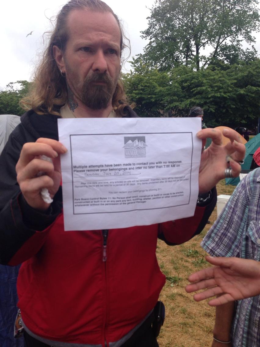People camping in Oppenheimer Park say they are staying despite eviction notices. 
