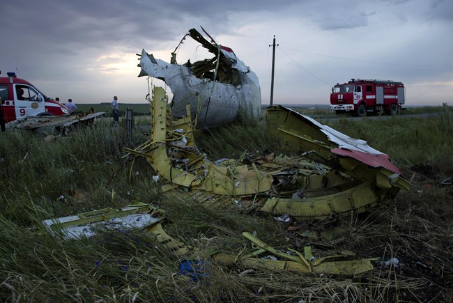Fire engines arrive at the crash site of a passenger plane near the village of Hrabove, Ukraine, as the sun sets Thursday, July 17, 2014.(AP Photo/Dmitry Lovetsky).