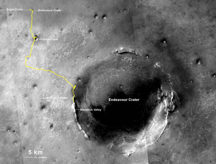 The gold line on this map shows Opportunity's route from the landing site inside Eagle Crater (upper left) to its location after the July 27 drive.
