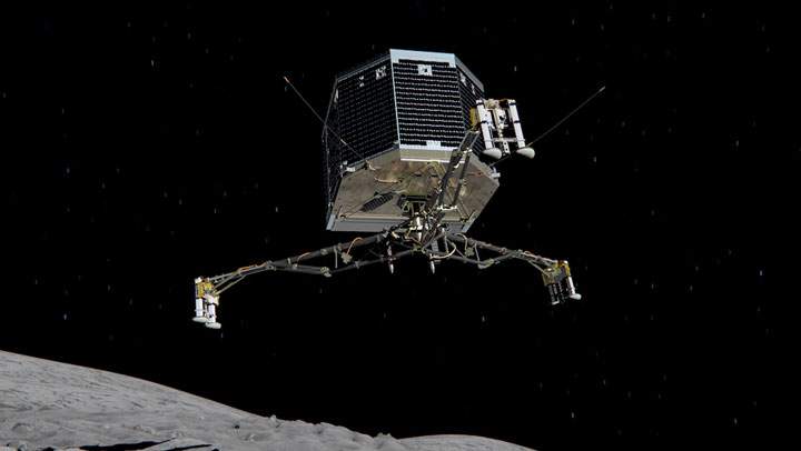 This image shows Philae separating from Rosetta and descending to the surface of comet 67P/Churyumov-Gerasimenko in November 2014.