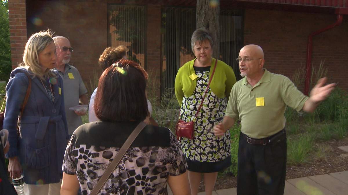 Residents outside of a council meeting in Pierrefonds-Roxoboro.