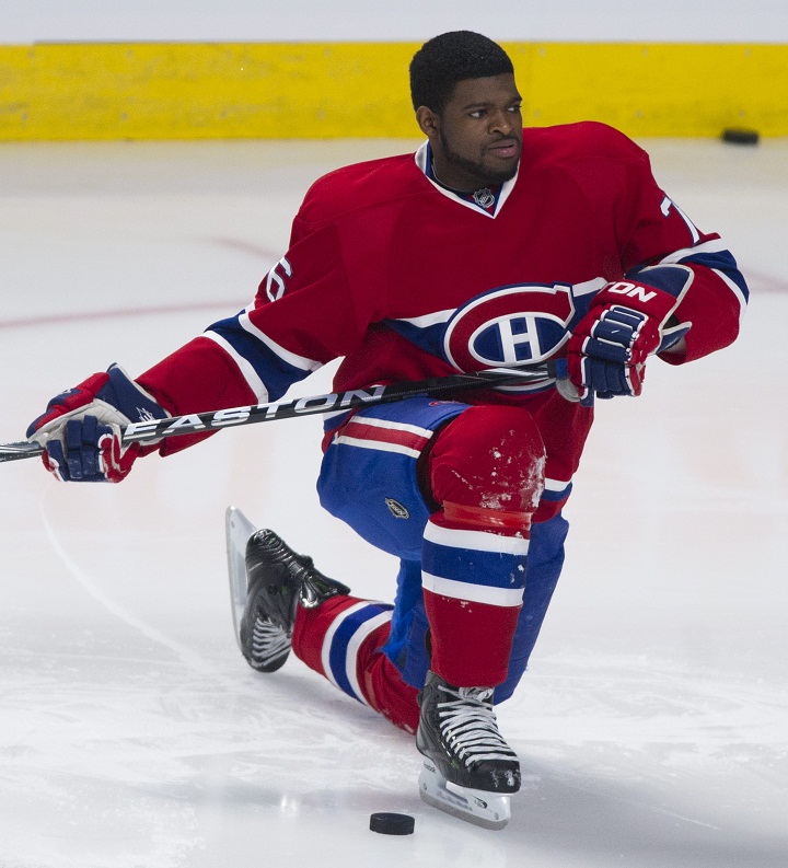 Montreal Canadiens' P.K. Subban warms up prior to an NHL hockey game.