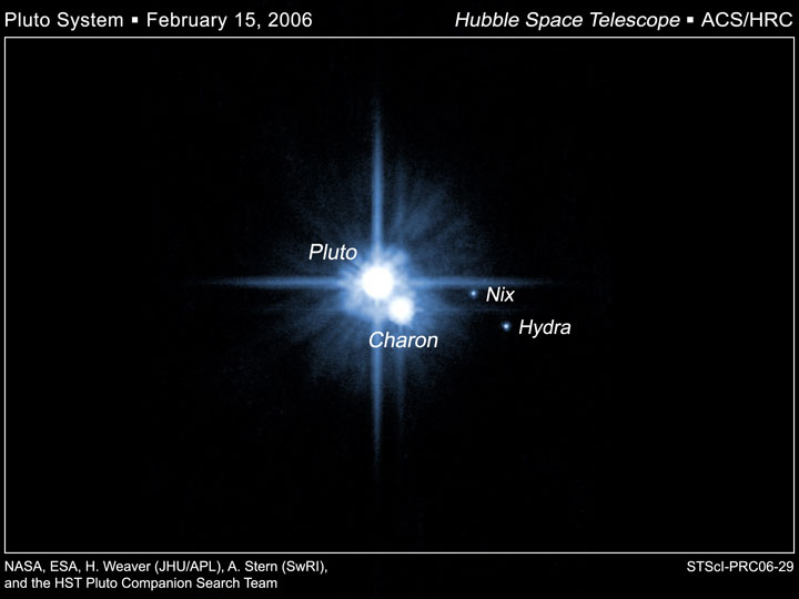 Two of Pluto’s small moons – Nix and Hydra – are photographed here in 2005.
