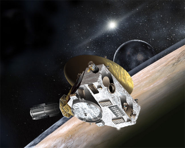 Artist's concept of the New Horizons spacecraft during its planned encounter with Pluto and its moon, Charon. 