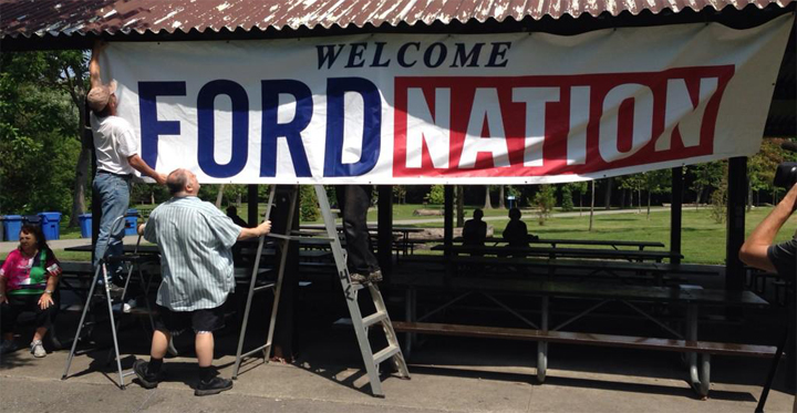 Supporters of Rob Ford help get the Scarborough park ready for Ford Fest