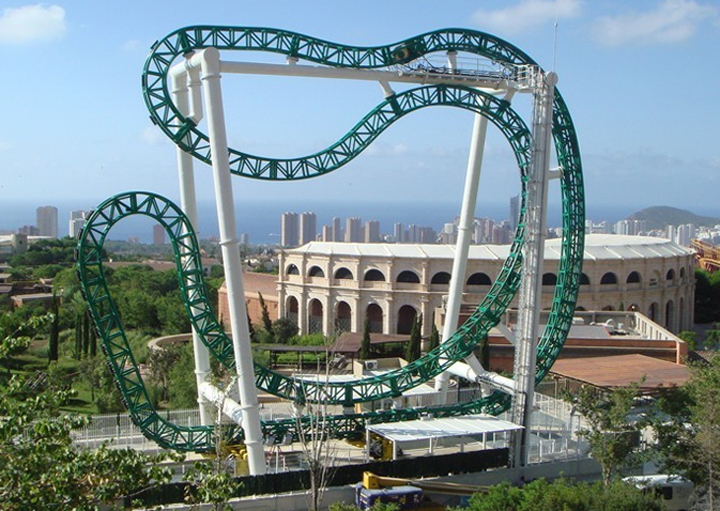 The 'Inferno' roller coaster at the Terra Mitica theme park in Spain is seen here in this handout image.