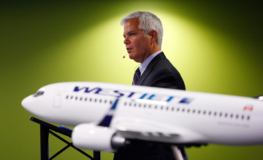 Gregg Saretsky, president and CEO of Westjet, addresses the company's annual meeting in Calgary, Tuesday, May 1, 2012.THE CANADIAN PRESS/Jeff McIntosh