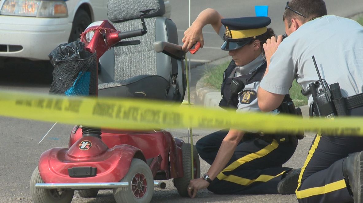A collision analyst was on scene in Leduc to assist with the investigation into the collision between a mobility scooter and truck. 