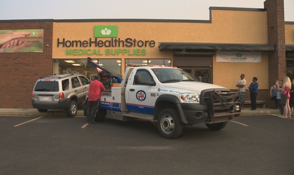An SUV plowed through the front windows of a health supply store Tuesday evening.