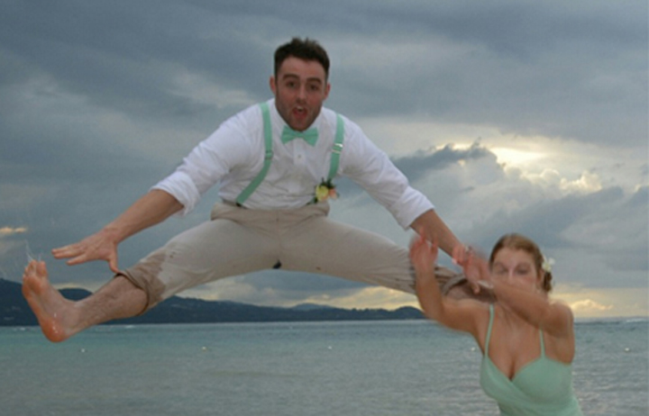 Wedding photo gone wrong Groomsman kicks bridesmaid in