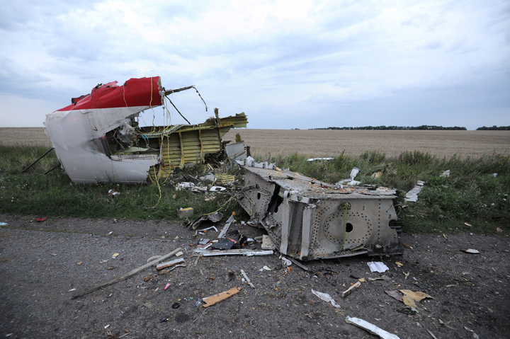 A picture taken on July 17, 2014 shows the wreckages of the malaysian airliner carrying 295 people from Amsterdam to Kuala Lumpur after it crashed, near the town of Shaktarsk, in rebel-held east Ukraine.