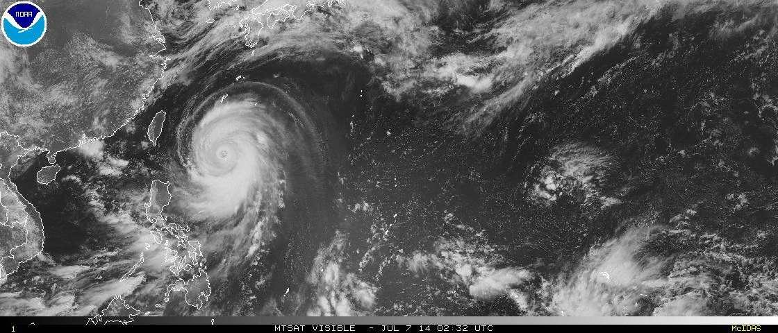 Super Typhoon Neoguri as it makes its way across the Philippine Sea, west of Taiwan.
