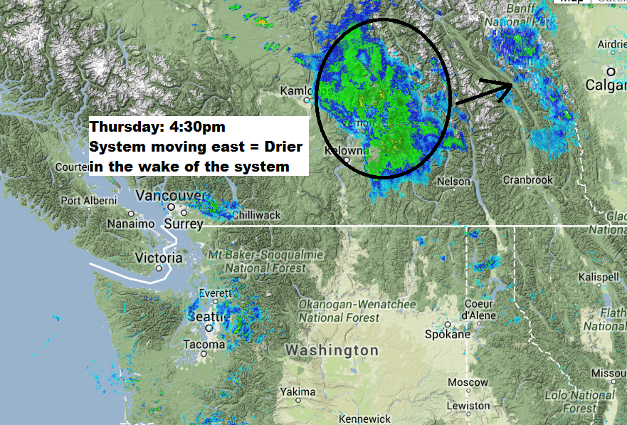 As the upper low moves out of BC and into the prairies, all areas will be much drier by Friday midday, with just a 30 % chance of showers in the forecast.