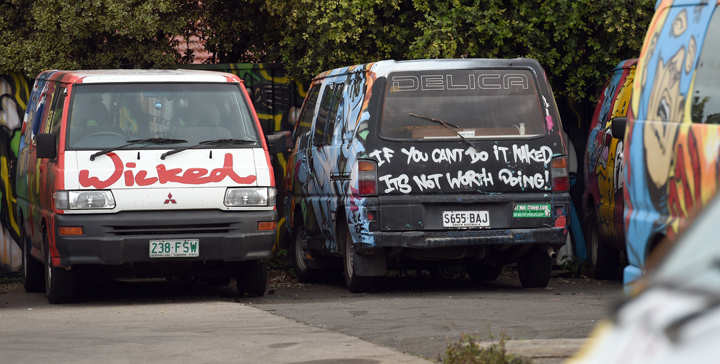 Vans are parked in the depot of Wicked Campers  in Sydney, Australia on July 14, 2014. 
