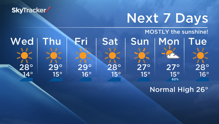 The seven-day Saskatoon forecast for Wednesday, July 30, 2014.