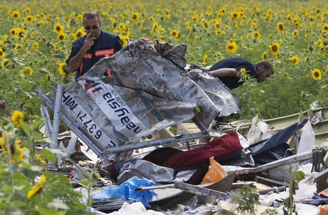 Dutch investigators examine pieces of the crashed Malaysia Airlines Flight 17 in the village of Rassipne, Donetsk region, eastern Ukraine, Friday, July 25, 2014. 