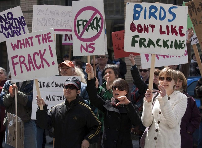 Protesters gather outside the Nova Scotia legislature in Halifax to show their opposition to the use of hydraulic fracturing on April 22, 2011.