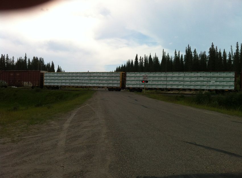 CN train blocking only road into Alberta hamlet of Brûlé, August 2, 2014.